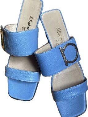 Salvatore Ferragamo Blue Leather Sandals with Silver Gancini Accent